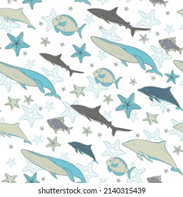 Vector seamless sea life pattern with starfishes, sea fishes, dolphin, sharks and whales. Pastel colors and cartoon design. Without background.