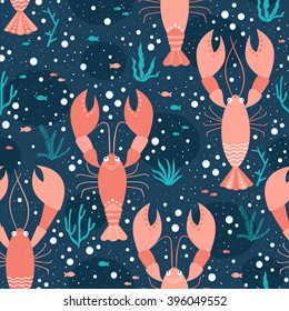 Vector seamless sea life pattern with lobsters