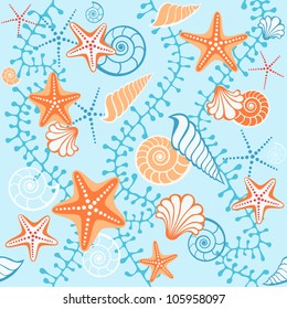 Vector seamless sea pattern. Abstract blue background with seashells, starfish and algae. Illustration with concept of seaside resort, vacation, diving. Texture for print, wallpaper, textile, cover.