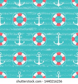 vector seamless sea pattern with anchor and lifebuoy on striped background. Marine vector background