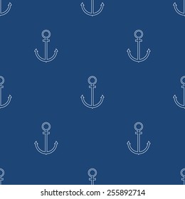 Vector seamless sea pattern with anchor on blue background. Marine theme