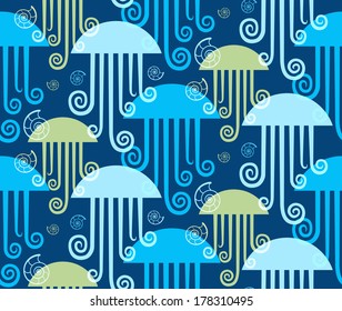 Vector seamless sea pattern. Background with jellyfishes and seashells. Decorative illustration for print, web
