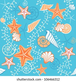 Vector seamless sea pattern. Bright blue background with seashells, starfish and algae. Abstract illustration with concept of seaside resort, vacation, diving. Texture for print, wallpaper, textile