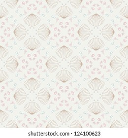 Vector seamless sea pattern. Bright blue background with seashells. Abstract illustration with concept of seaside resort, vacation, diving. Texture for print, wallpaper, textile, website background