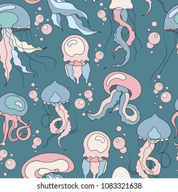 Vector seamless sea pattern. Colorful medusas in water. Nautical background in pastel palette.