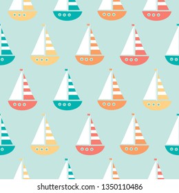 vector seamless sea pattern with cute cartoon ship