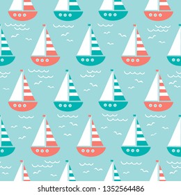 vector seamless sea pattern with cute cartoon ship and seagull
