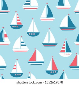 Vector Seamless Sea Pattern With Cute Cartoon Sailing Ship