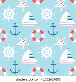 vector seamless sea pattern with cute cartoon sailing ship, starfish, anchor, lifebuoy