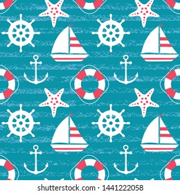 vector seamless sea pattern with cute cartoon sailing ship, starfish, anchor, lifebuoy on striped background. Marine vector background