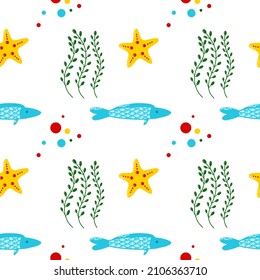 Vector seamless sea pattern with cute illustrations: starfish, seaweed, rich and dots. Nice colorful illustration for wallpaper, background, fabric, textile.