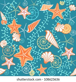 Vector seamless sea pattern. Dark blue background with seashells, starfish and algae. Abstract illustration with concept of seaside resort, vacation, diving. Simple marine texture for print and web