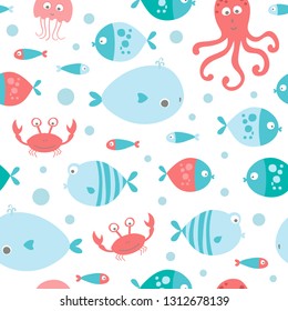 vector seamless sea pattern with fish, whale, crab, octopus and bubbles