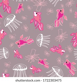 Vector seamless sea pattern with fish, jellyfish and sea anemone.