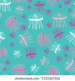 Vector seamless sea pattern with jellyfish. Tile texture with medusa. Underwater pattern. Editable.