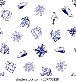 vector seamless sea pattern on white background. Sea and ocean theme hand drawn graphics. For day of the seafarer. 