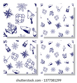vector seamless sea pattern on white background. Sea and ocean theme hand drawn graphics. For day of the seafarer. 