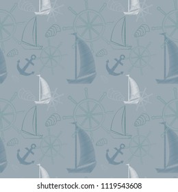 Vector seamless sea pattern with ships, ship's wheel, anchor. Cartoon print. Vector illustration. Scrapbook paper, wrapping paper.