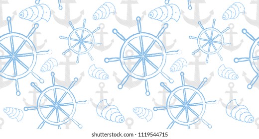 Vector seamless sea pattern with ship's wheel, anchor. Cartoon print. Vector illustration. Scrapbook paper, wrapping paper