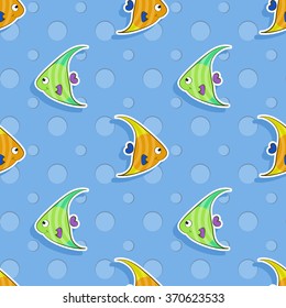 Vector seamless sea pattern with smiling triangular green and orange fish. Pattern for children.