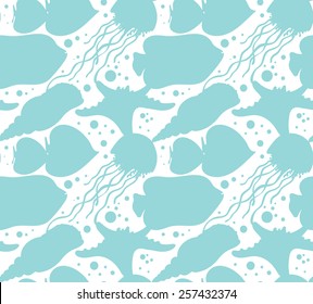 Vector seamless sea pattern with tropical fishes, stars, jellyfishes.