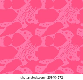 Vector seamless sea pattern with tropical fishes, stars, jellyfishes