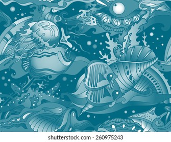 Vector seamless sea pattern with tropical fishes, stars, jellyfishes