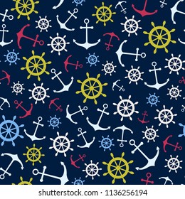 Vector seamless sea pattern sea yacht background, steering wheel, anchor print background for printing on fabric, flat on dark blue children's pattern for a boy, the ocean and the sea eps 10
