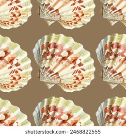 Vector seamless sea shell pattern illustration. Pearl scallop, oceanic or marine mollusk cockleshell fabric design. Brown colors