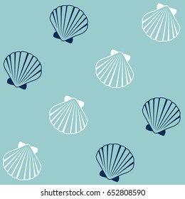 Vector seamless sea shell pattern illustration. Pearl scallop, oceanic or marine mollusk cockleshell fabric design. Holiday symbols repeating background, seashell textile. Bivalve conch, shellfish.