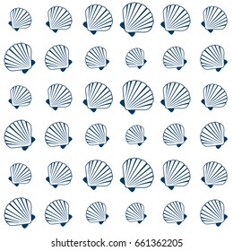 Vector seamless sea shell pattern illustration. Pearl scallop, oceanic or marine mollusk cockleshell fabric design. Holiday symbols repeating background, seashell textile. Bivalve conch, shellfish.