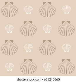 Vector seamless sea shell pattern illustration. Pearl scallop, oceanic or marine mollusk cockleshell fabric design. Beach symbols repeating background, seashell textile. Bivalve conch, shellfish.