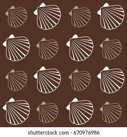 Vector seamless sea shell pattern illustration. Pearl scallop, oceanic or marine mollusk cockleshell fabric design. Holiday symbols repeating background, seashell textile. Bivalve conch, shellfish.