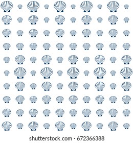 Vector seamless sea shell pattern illustration. Pearl scallop, oceanic or marine mollusk cockleshell fabric design. Holiday symbols repeating background, seashell textile. Bivalve conch, shellfish.