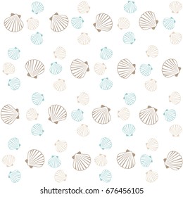 Vector seamless sea shell pattern illustration. Pearl scallop, oceanic or marine mollusk cockleshell fabric design. Holiday symbols repeating background, seashell textile. Bivalve conch, shellfish.