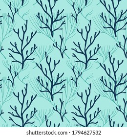 Vector seamless sea style patterns with corals and seaweeds. Abstract seamless background.