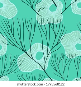 Vector seamless sea style patterns with corals and seaweeds. Abstract seamless background.