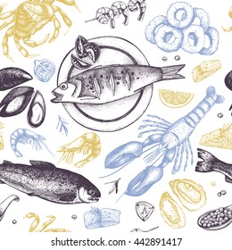 Vector Seamless Seafood background. Hand drawn sea food illustration - fresh fish, lobster, crab, oyster, mussel, squid and spice. Vintage pattern. 
