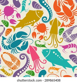 Vector seamless seafood and fish pattern. Food background  for menu and market. Color illustration for print, web