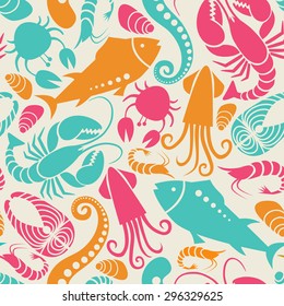 Vector seamless seafood and fish pattern. Food background for menu and market. Color illustration for print, web