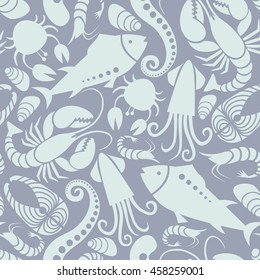 Vector seamless seafood and fish pattern. Food background for menu and market. Grey illustration for print, web