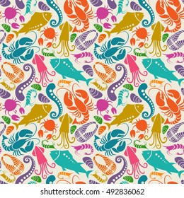 Vector seamless seafood and fish pattern. Food background for menu and market. Color illustration for print, web