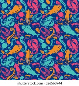 Vector seamless seafood and fish pattern. Food background for menu and market. Color decorative illustration for print, web
