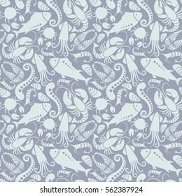 Vector seamless seafood and fish pattern. Food background for menu and market. Grey illustration for print, web.