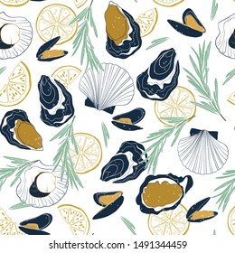 Vector seamless seafood pattern on white background. Hand drawn oysters, mussels, scallops, lemon slices and rosemary.