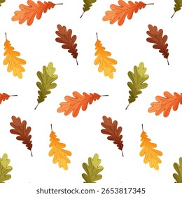 Vector seamless seasonal pattern with colorful autumn oak leaves, branches and plants. Fall season Thanksgiving design. Perfect for fabric, textile, wallpaper, decor, print and packaging of products.