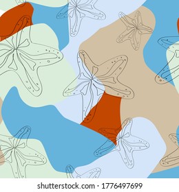 Vector seamless seasonal summer pattern with pale color spots and lineart black seafish. Banner, wallpaper, textile template.