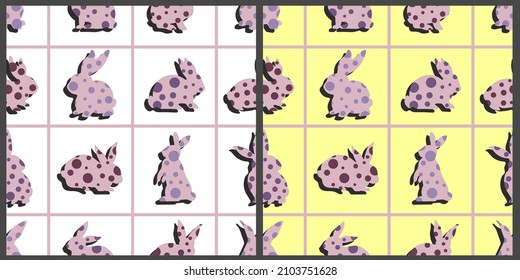 Vector seamless set. The contours of the rabbits, filled with circles inside, are divided by lines into squares. On an isolated background. 
