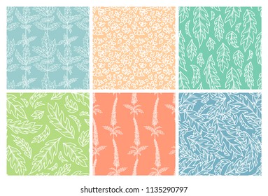 Vector seamless set of duotone floral patterns. White outline tiny flowers and pinnate leaves on colored backgrounds. Bright spring and summer boundless backgrounds. Tileable design elements.