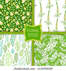 Vector seamless set of floral patterns. Tiny yellow flowers and green pinnate leaves on white and green backgrounds. Bright spring and summer boundless backgrounds. Outline tileable design elements.